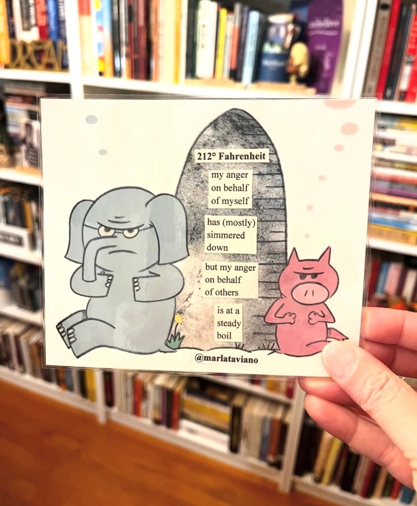 Hand-collaged word art on an illustrated storybook page of a gray elephant and a pink pig sitting near a tall stone tower. Marla Taviano's poem "212° Fahrenheit" glued onto the artwork.