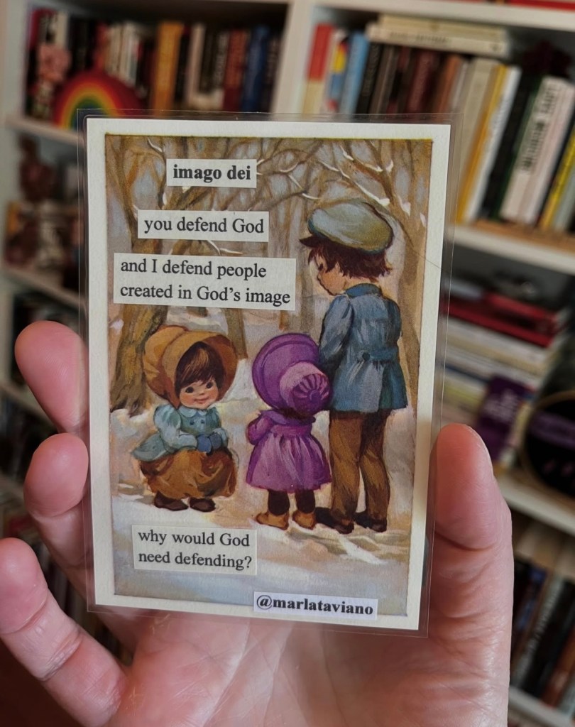 Hand-collaged word art on a vintage-style illustrated storybook page of three children in old-fashioned coats and bonnets standing outdoors among trees. Marla Taviano's poem "imago dei" glued onto the artwork.
