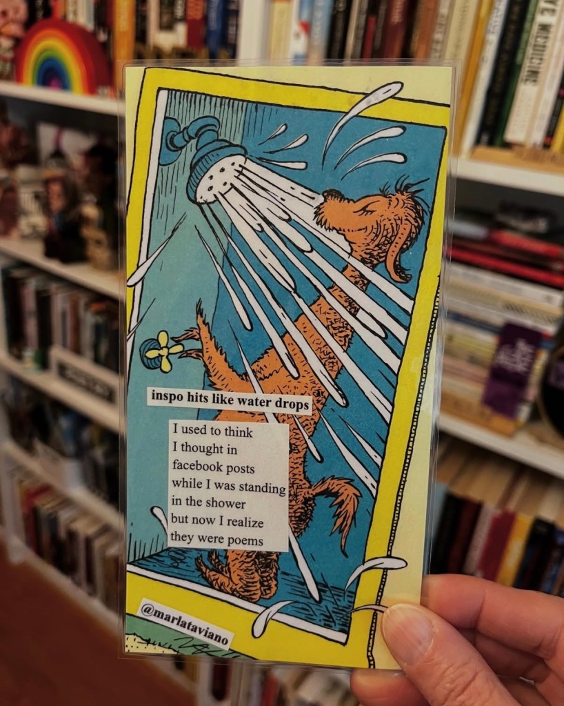 Hand-collaged word art on an illustrated storybook page of a shaggy dog standing under running shower water. Marla Taviano's poem "inspo hits like water drops" glued onto the artwork.