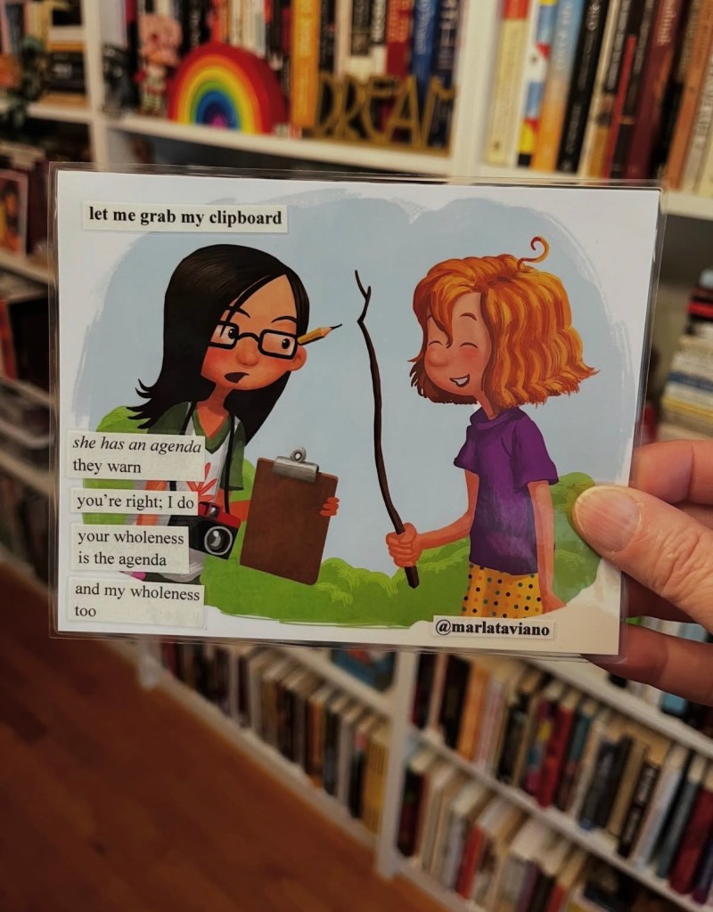 Hand-collaged word art on an illustrated storybook page of two girls facing each other, one holding a clipboard and camera, the other holding a long stick. Marla Taviano's poem "let me grab my clipboard" glued onto the artwork.