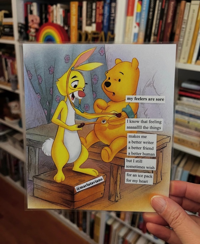 Hand-collaged word art on an illustrated storybook page of two animal characters, one applying an ice pack to the other's paw. Marla Taviano's poem "my feelers are sore" glued onto the artwork.