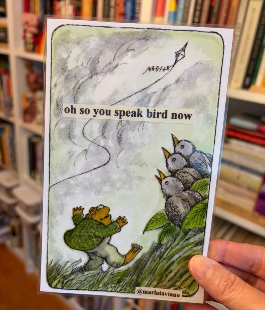 Hand-collaged word art on an illustrated page of a toad looking up at a kite caught near a nest of birds in windy, cloudy sky. The line "oh so you speak bird now" glued onto the artwork.