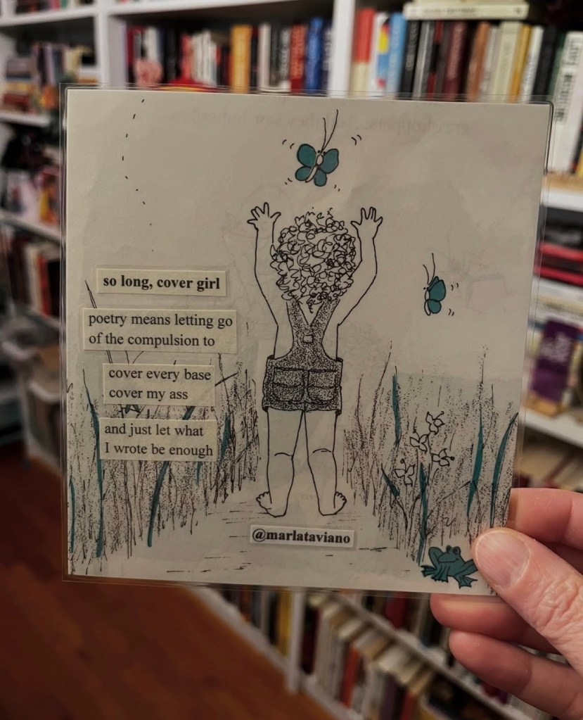 Hand-collaged word art on a line-drawn illustrated page of a child standing in tall grass with arms raised toward two butterflies, a frog in the corner. Marla Taviano's poem "so long, cover girl" glued onto the artwork.