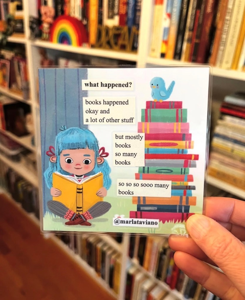 Hand-collaged word art on an illustrated storybook page of a blue-haired girl reading beside a tall stack of books with a bird perched on top. Marla Taviano's poem "what happened?" glued onto the artwork.